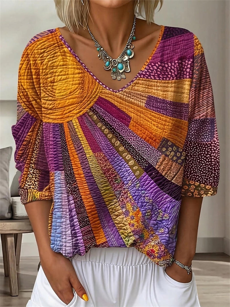 Retro Colorful Patchwork Geometric Striped Print V-neck Long Sleeve Blouse