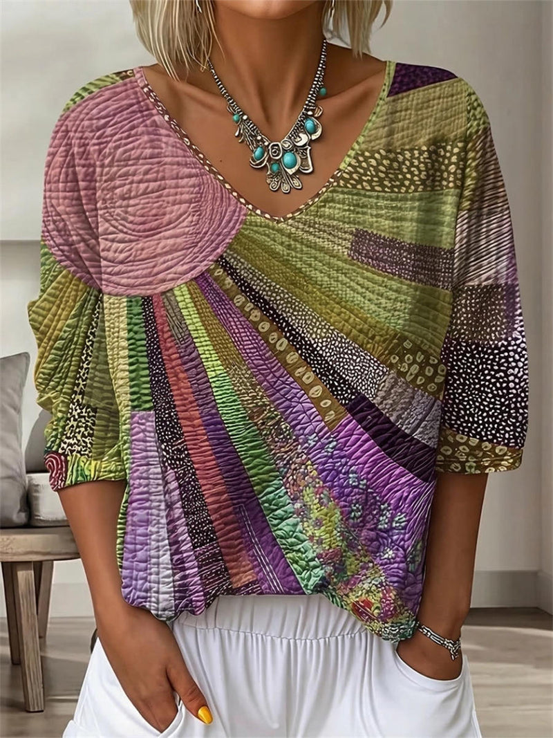 Retro Pink Green Patchwork Geometric Striped Print V-neck Long Sleeve Blouse