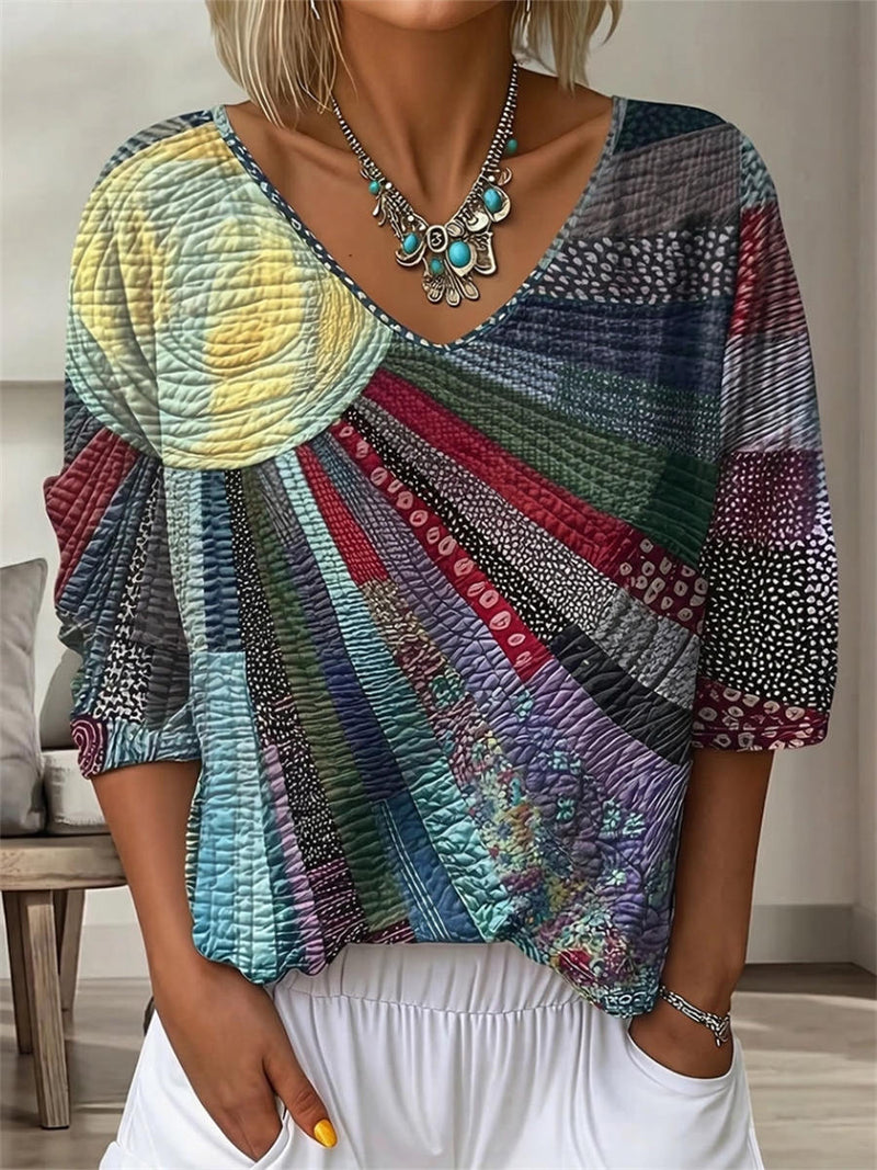 Retro Multi Patchwork Geometric Striped Print V-neck Long Sleeve Blouse