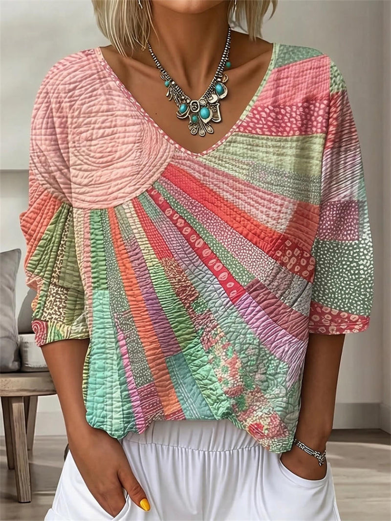 Retro Pink Green Patchwork Geometric Striped Print V-neck Long Sleeve Blouse