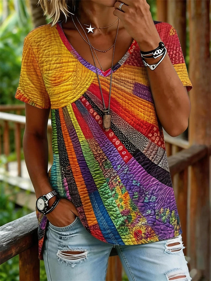 Women's Retro Rainbow Patchwork Quilt Texture Print V Neck Short Sleeve Blouse