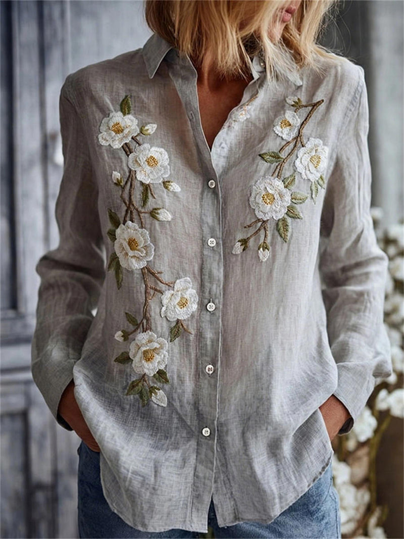 Women's Grey Floral Embroidery Turn Down Collar Long Sleeve Button Down Blouse