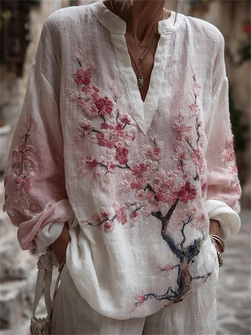 Women's White Pink Plum Blossom Embroidery V Neck Long Sleeve Blouse