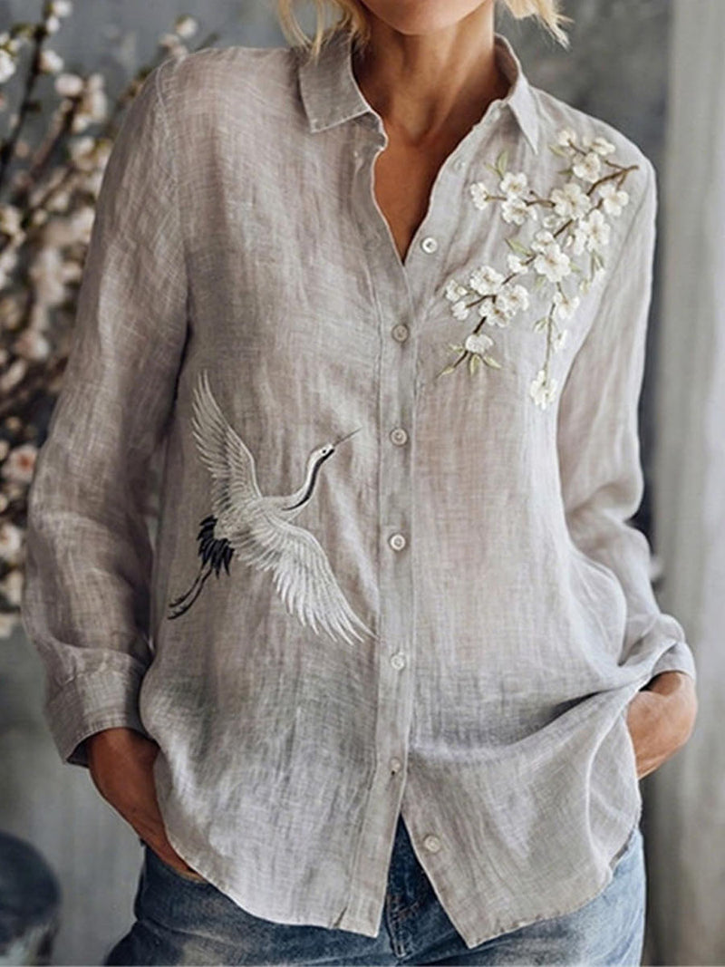 Women's Grey White Crane Floral Embroidery Turn Down Collar Long Sleeve Button Down Blouse