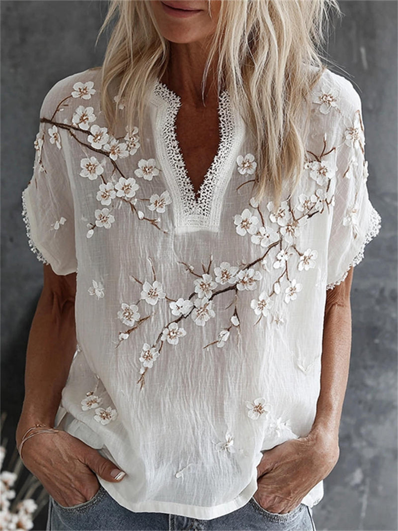 Women's White Floral Embroidery Lace V Neck Short Sleeve Blouse