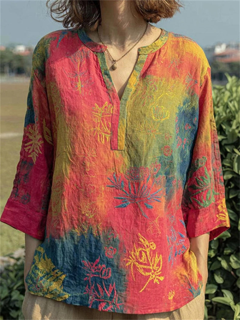 Women's Multi Gradient Leaf Floral Print Notched V Neck 3/4 Sleeve Blouse