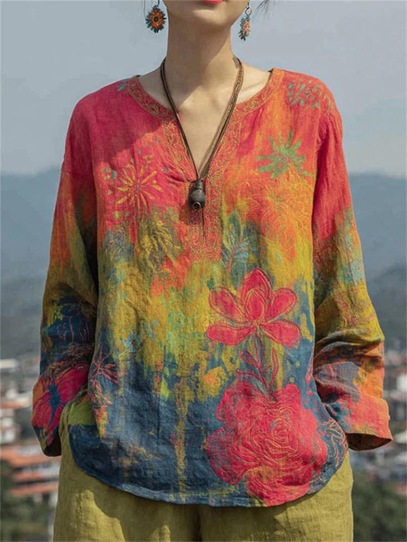 Women's Multi Gradient Lotus Floral Print Embroidered V Neck Long Sleeve Blouse