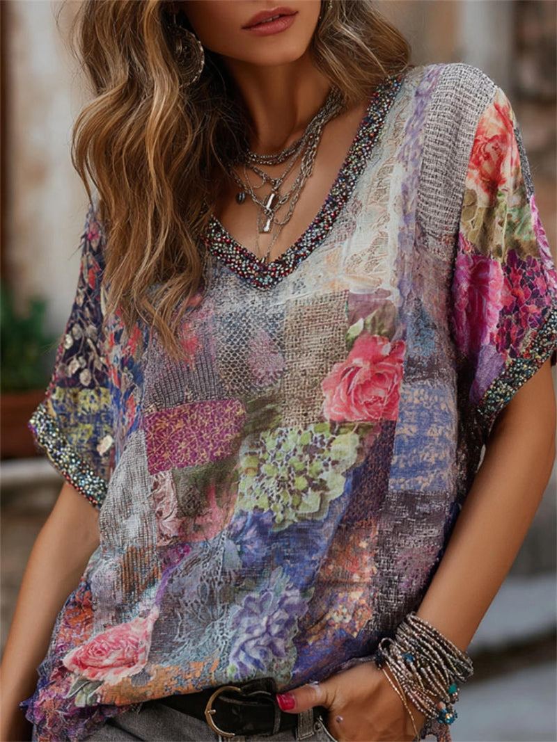 Women's Multi Patchwork Rose Floral Print Rhinestone V Neck Short Sleeve Blouse