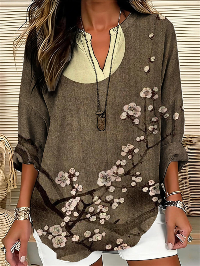 Women's Brown Plum Blossom Print V Neck Long Sleeve Blouse