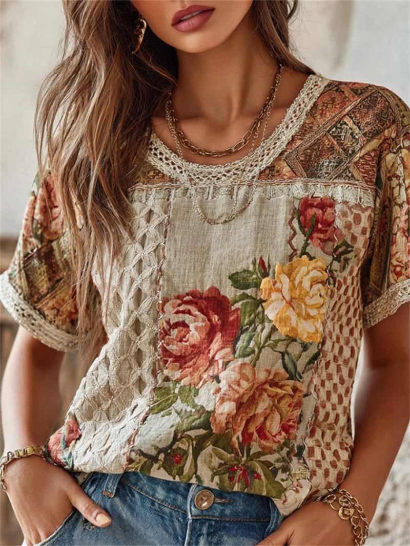 Women's Multi Patchwork Rose Floral Lace Round Neck Short Sleeve Blouse