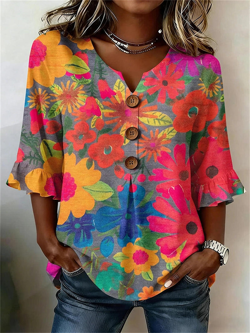Women's Colorful Floral Print Notched V Neck Ruffle 3/4 Sleeve Blouse