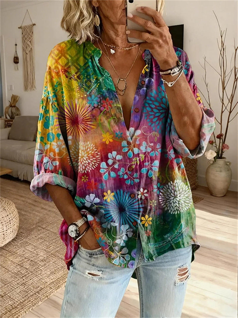 Women's Gradient Colorful Floral Print Button Down Stand Collar Long Sleeve Linen Shirt