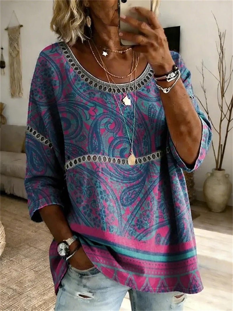 Women's Multi Paisley Ethnic Print Hollow Lace Round Neck 3/4 Sleeve Blouse