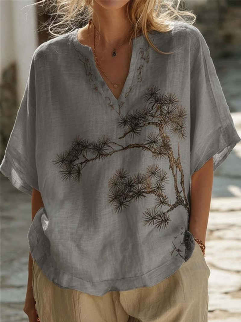 Women's Gray Linen Pine Tree Embroidery V Neck Half Sleeve Blouse