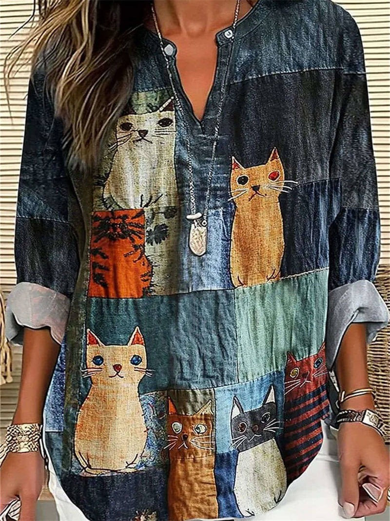 Women's Multi Cat Print Henley V Neck Long Sleeves Blouse