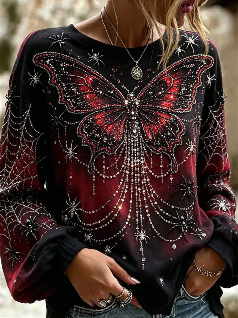 Women's Halloween Multi Butterfly Spider Round Neck Long Sleeves Blouse