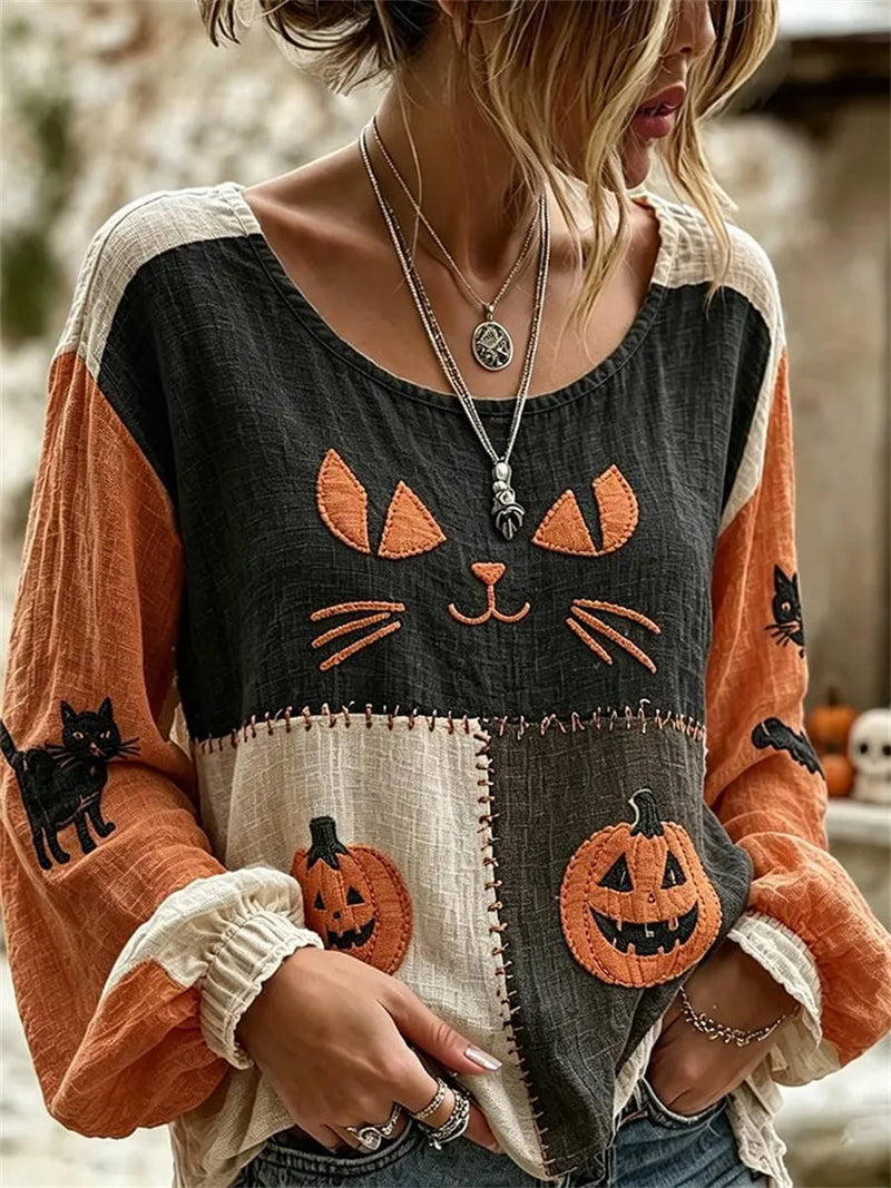 Women's Multi Cat Pumpkin Embroidery Round Neck Long Sleeve Blouse