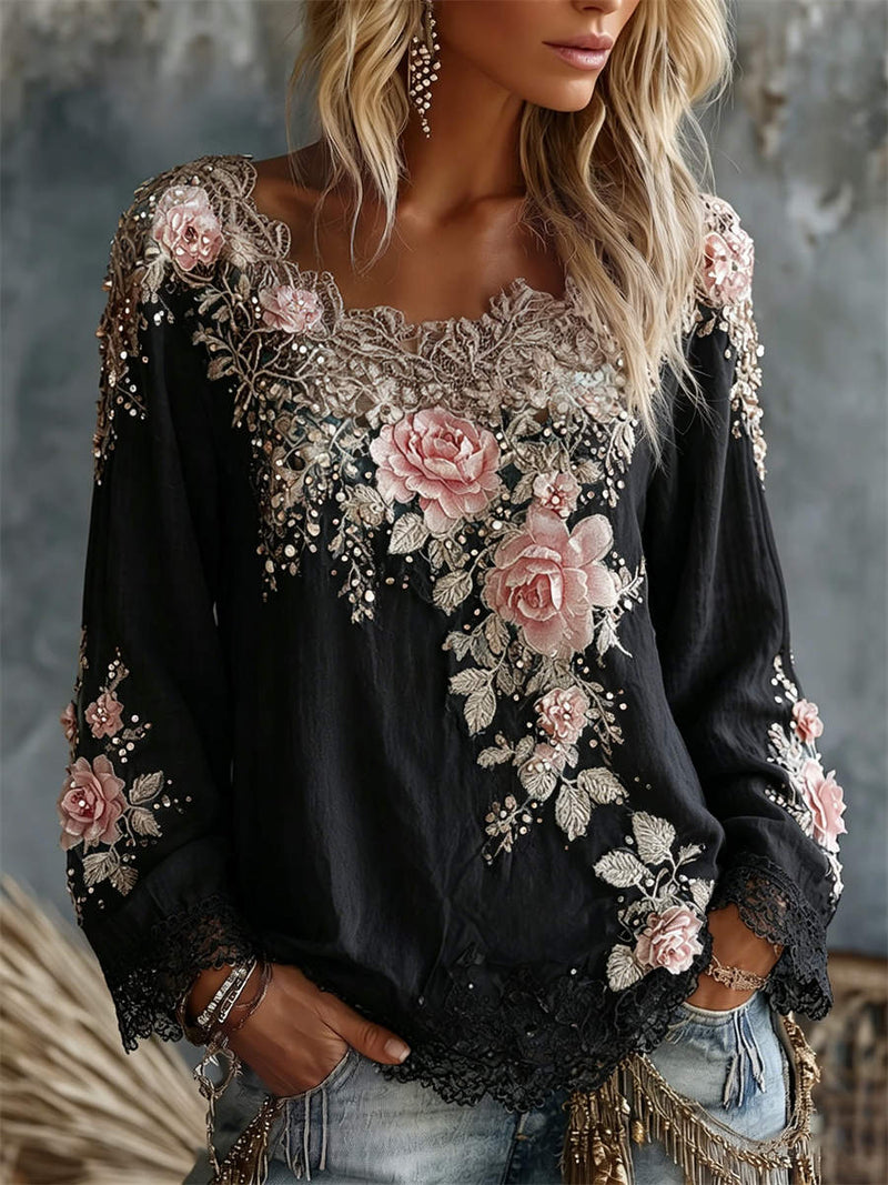Women's Black Vintage Rose Floral Lace Square Neck Long Sleeve Blouse