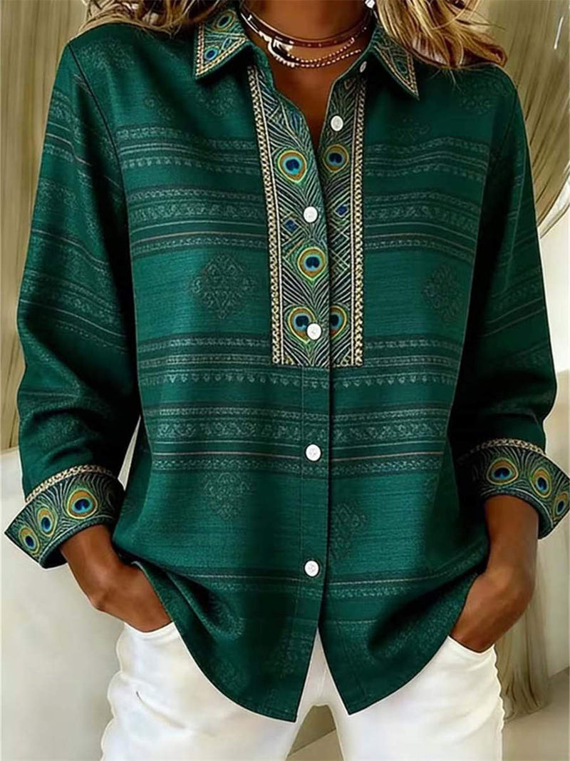 Women's Dark Green Peacock Print Collared Long Sleeve Shirt
