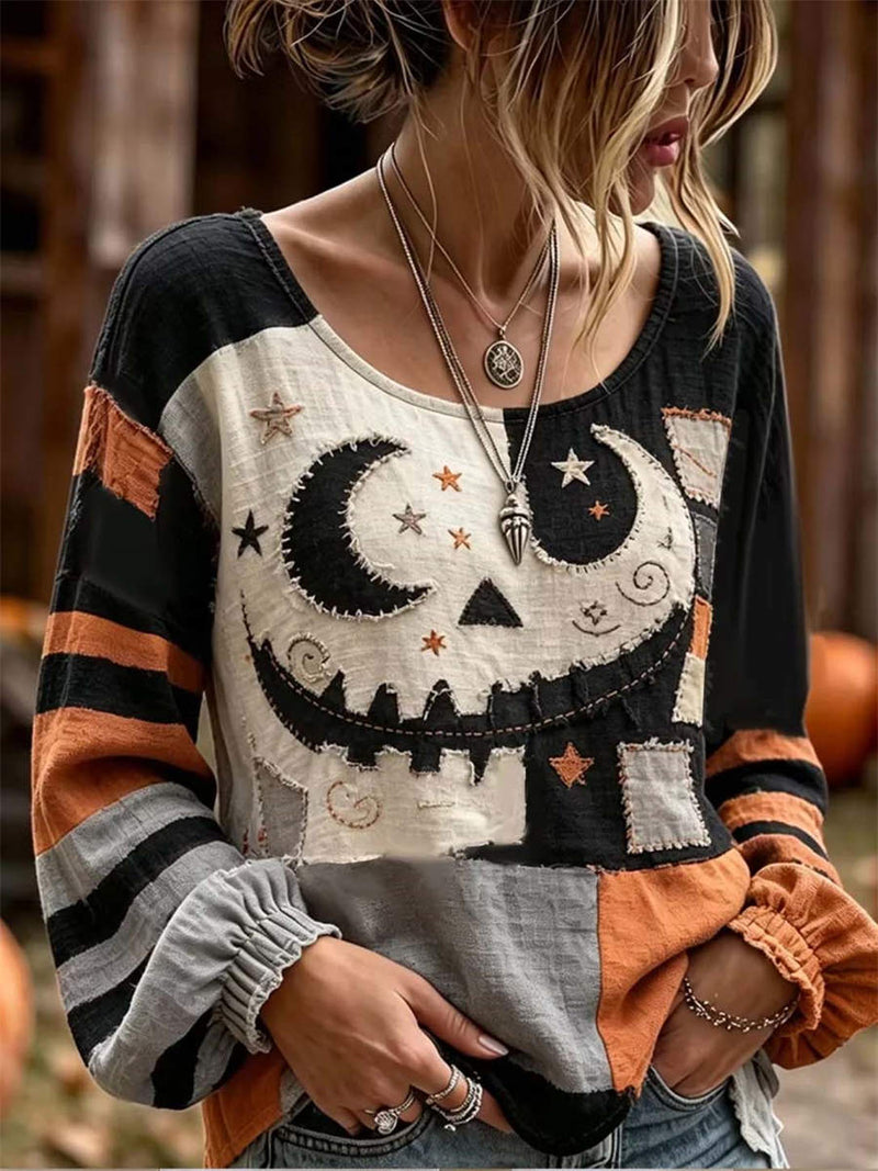 Women's Halloween Multi Moon Star Patchwork Round Neck Long Sleeve Blouse