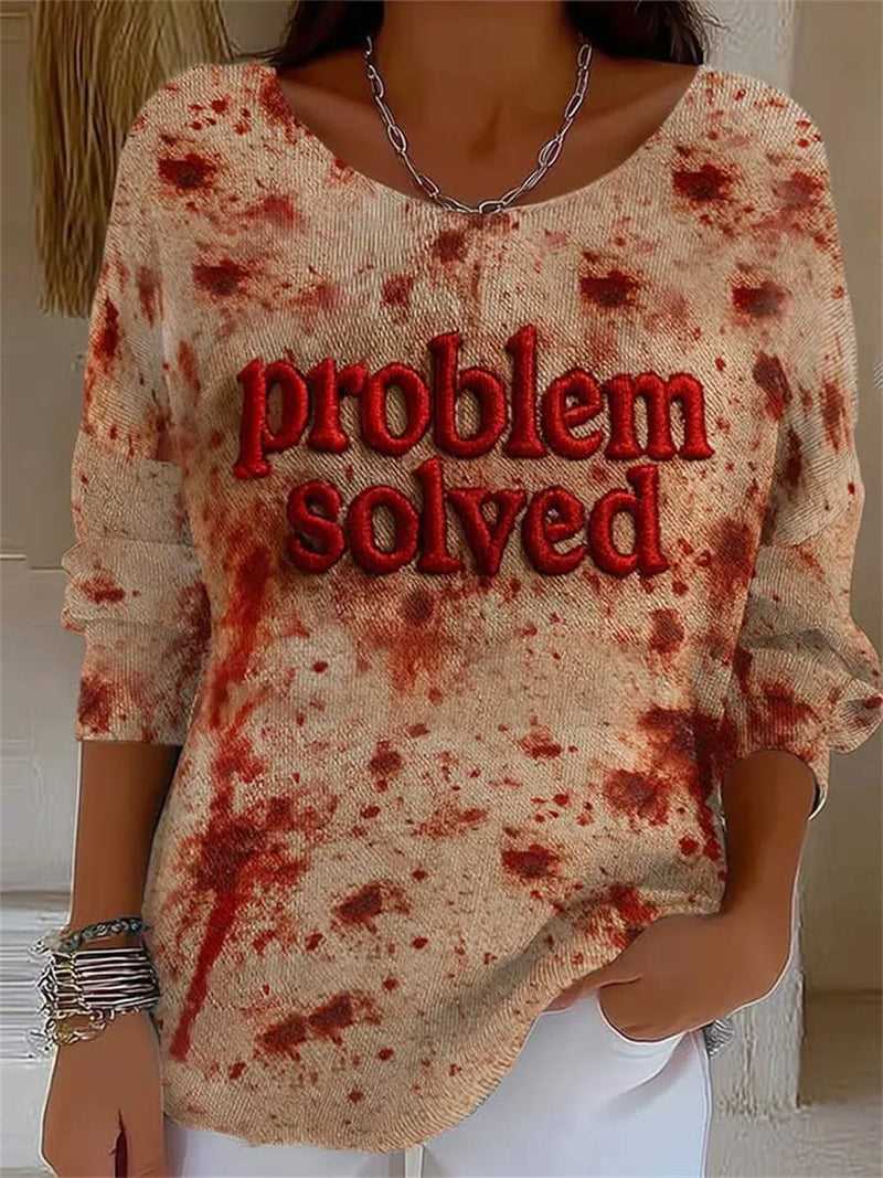 Women's Halloween Multi Blood-Splatter Print V-Neck Long Sleeve Blouse