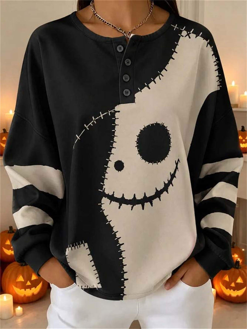 Women's Halloween Multi Cartoon Stitch Print Henley Neck Long Sleeve Top