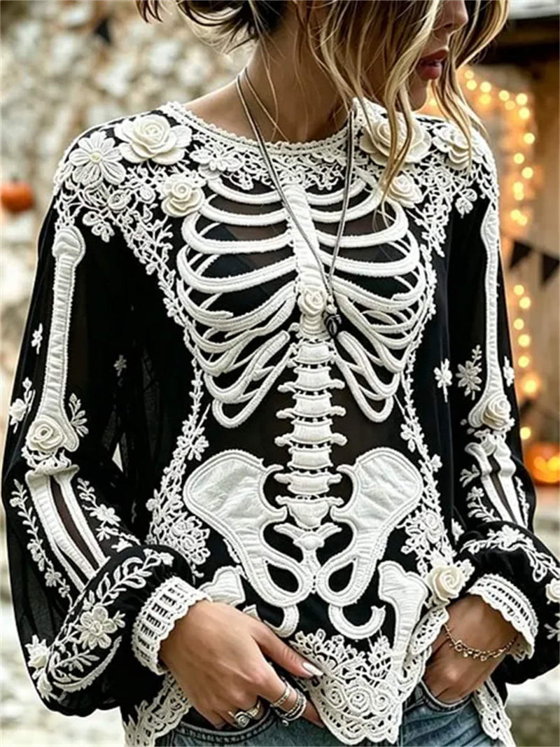 Women's Halloween Black Skeleton Floral Lace Print Round Neck Puff Long Sleeve Blouse