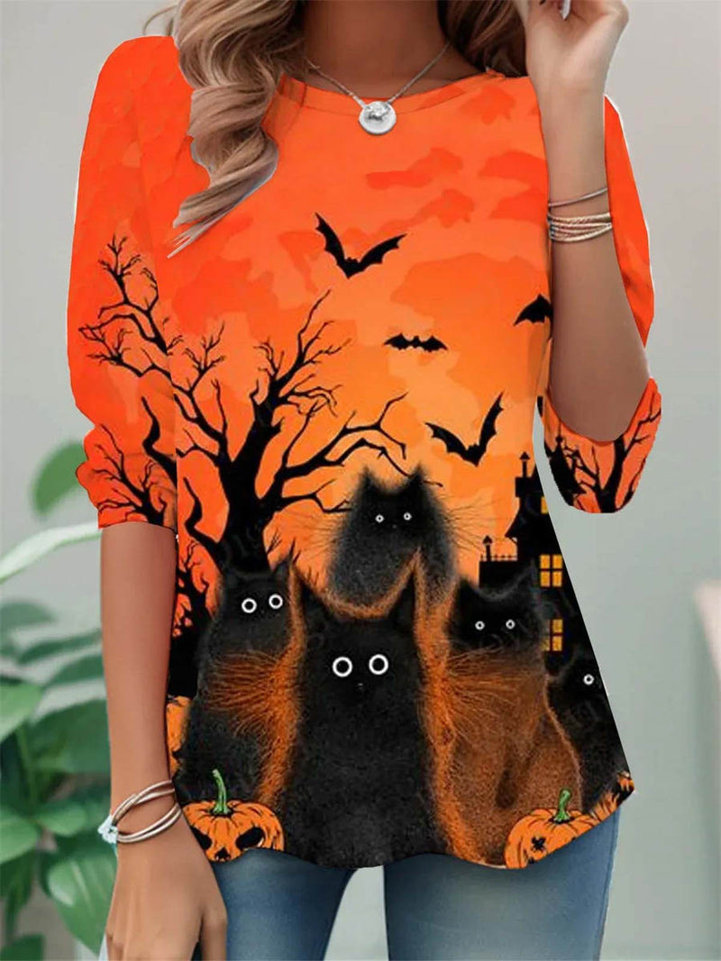 Women's Halloween Multi Cat Bat Pumpkin Print Round Neck Long Sleeves Blouse