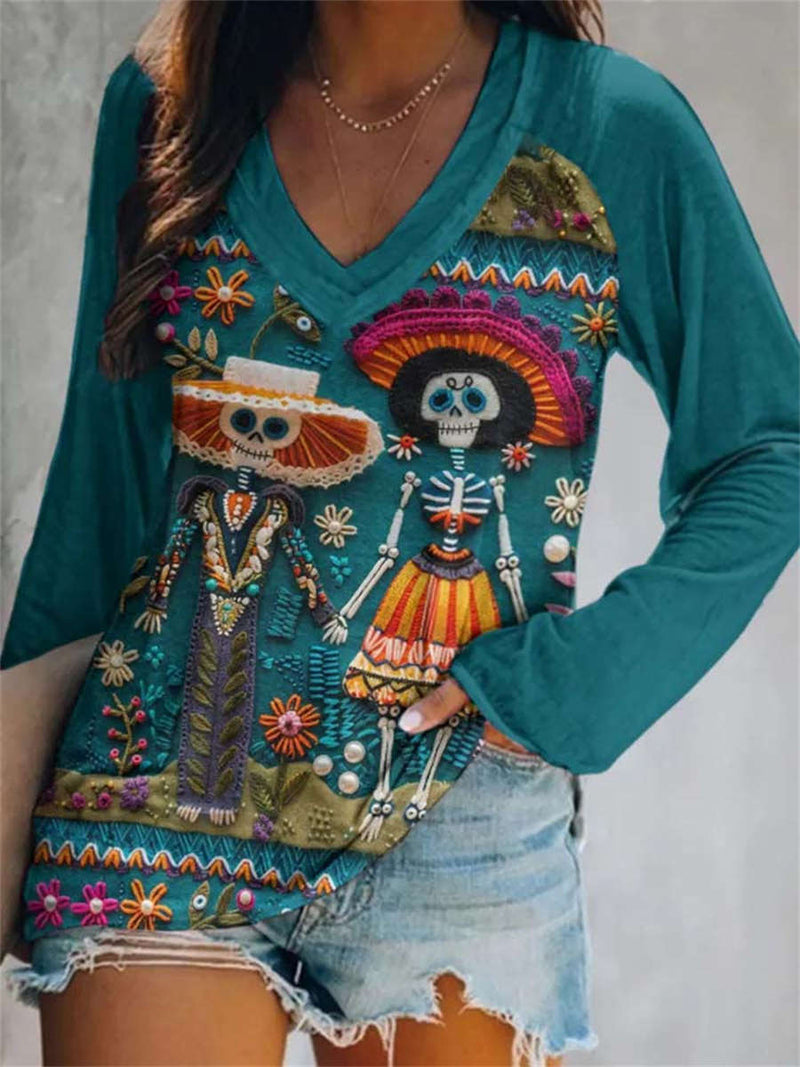 Women's Halloween Teal Skeleton Print V Neck Long Sleeve Blouse
