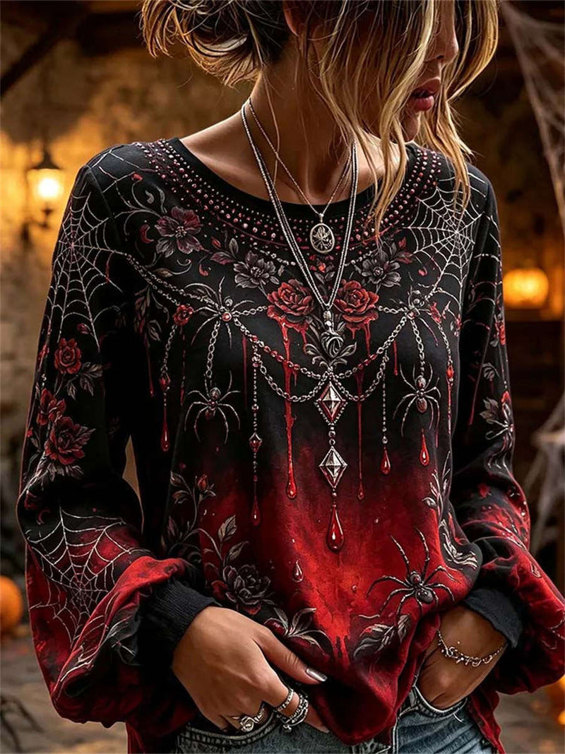 Women's Halloween Multi Spider Floral Print Round Neck Long Sleeve Blouse