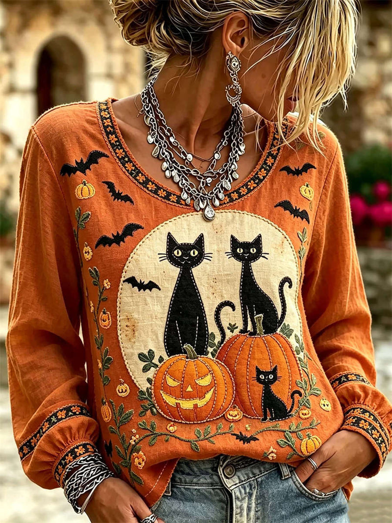 Women's Halloween Orange Black Cat Pumpkin Print Round Neck Long Sleeve Blouse