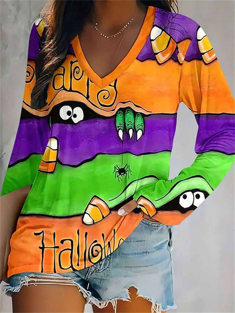 Women's Halloween Multi Monster Spider Candy Corn V Neck Long Sleeve Blouse
