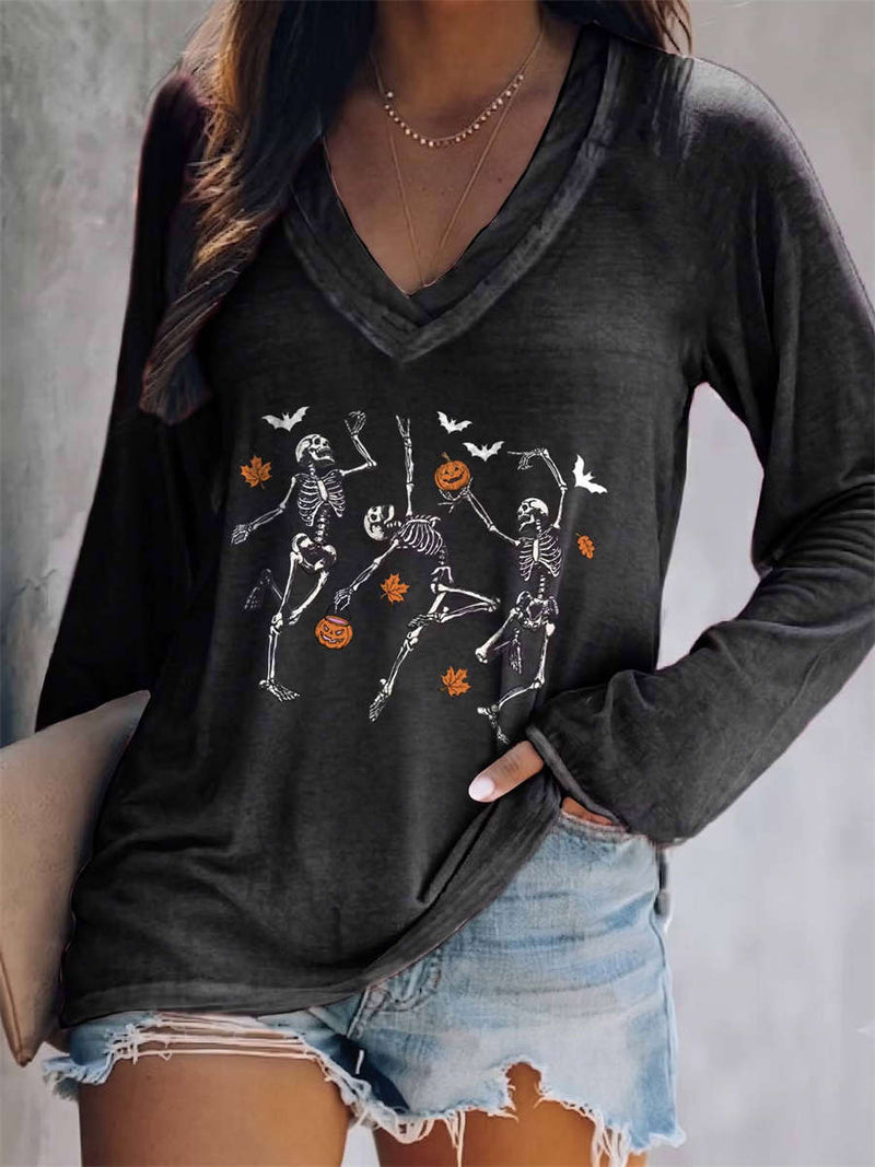 Women's Halloween Black Skeleton Pumpkin Bat V Neck Long Sleeve Blouse