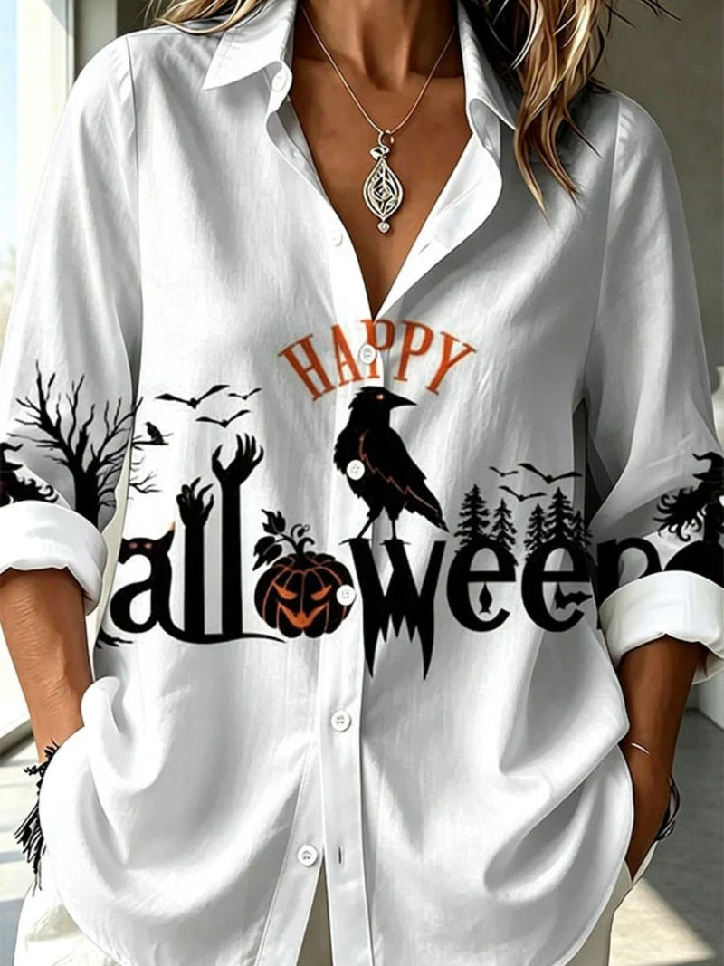 Women's Halloween White Print Collar Long Sleeve Shirt