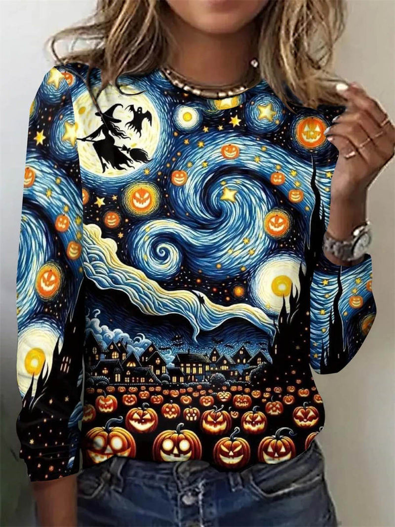 Women's Halloween Multi Starry Night Pumpkin Witch Graphic Round Neck Blouse