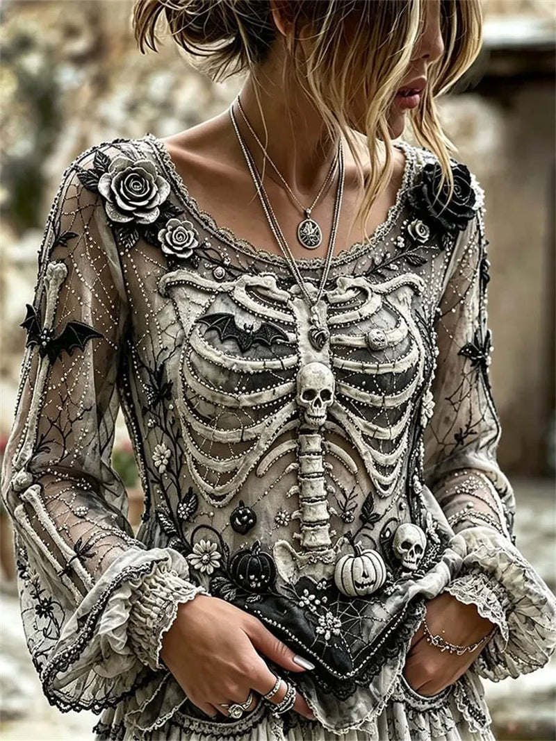 Women's Halloween Multi Skeleton Floral Round Neck Long Sleeve Blouse