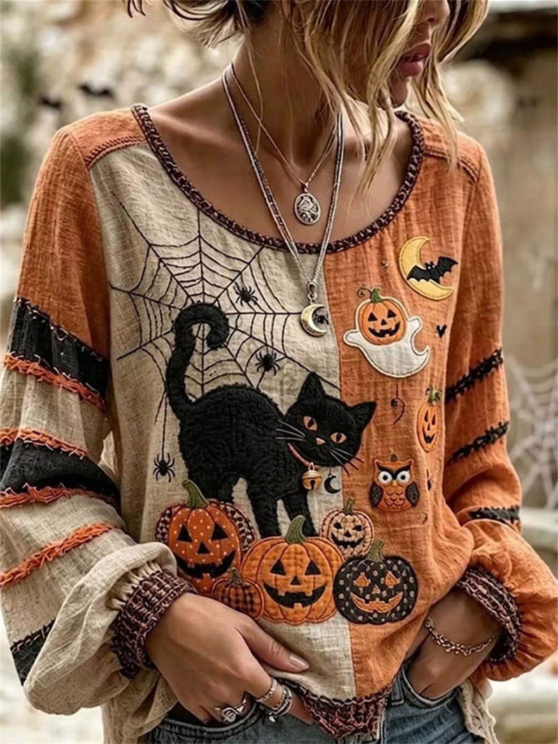 Women's Halloween Multi Black Cat Pumpkin Round Neck Long Sleeve Blouse
