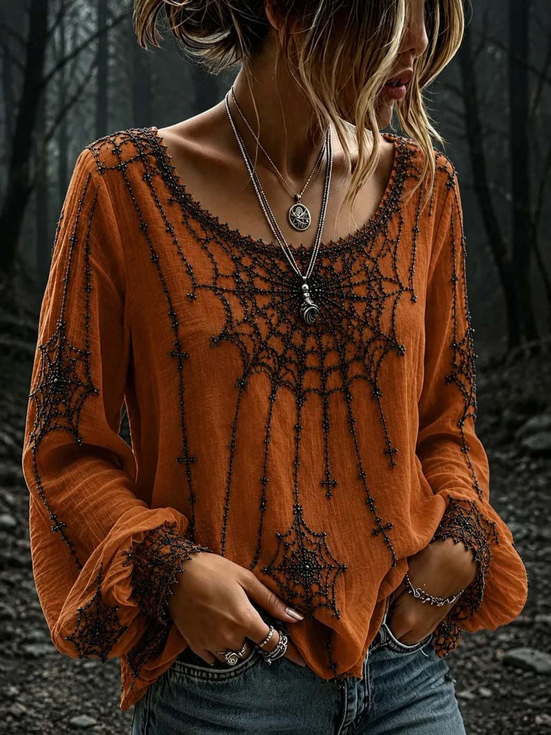 Women's Halloween Rust Spider Web Print Round Neck Long Sleeve Blouse