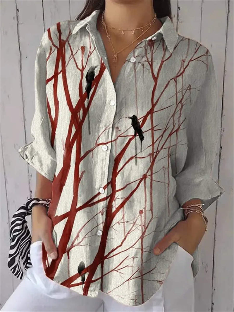 Women's Halloween Light Gray Crow Tree Print Shirt Collar Long Sleeve Shirt