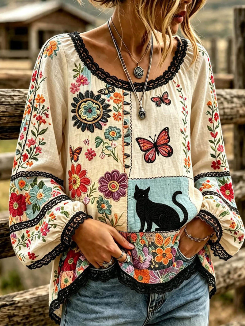 Women's Multi Floral Butterfly Cat Round Neck Long Sleeve Blouse