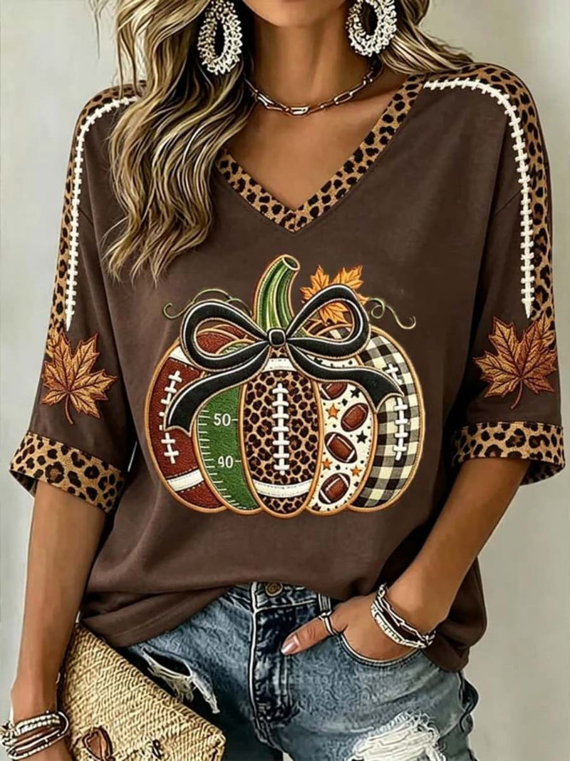Women's Halloween Brown Pumpkin Football Leopard V Neck Half Sleeve Blouse
