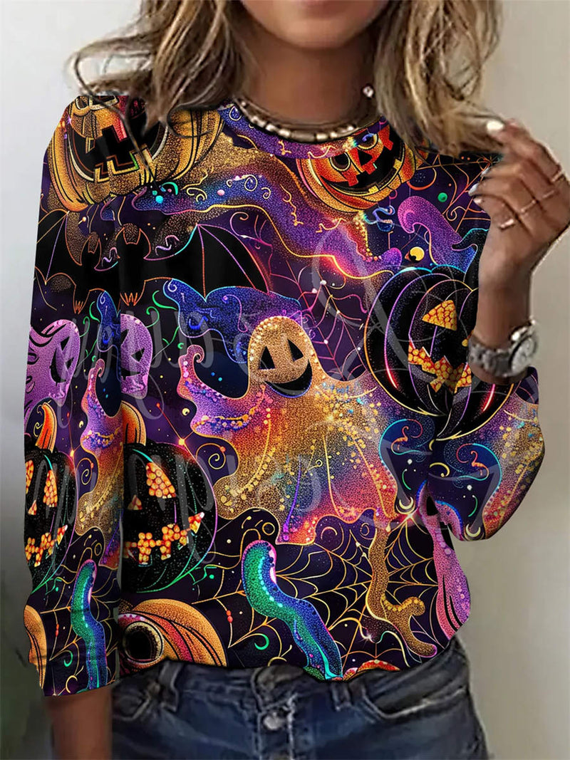 Women's Halloween Multi Pumpkin Ghost Graphic Crew Neck Long Sleeves Blouse