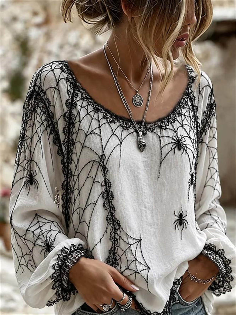 Women's Halloween White Spider Web Round Neck Ruffle Long Sleeve Blouse