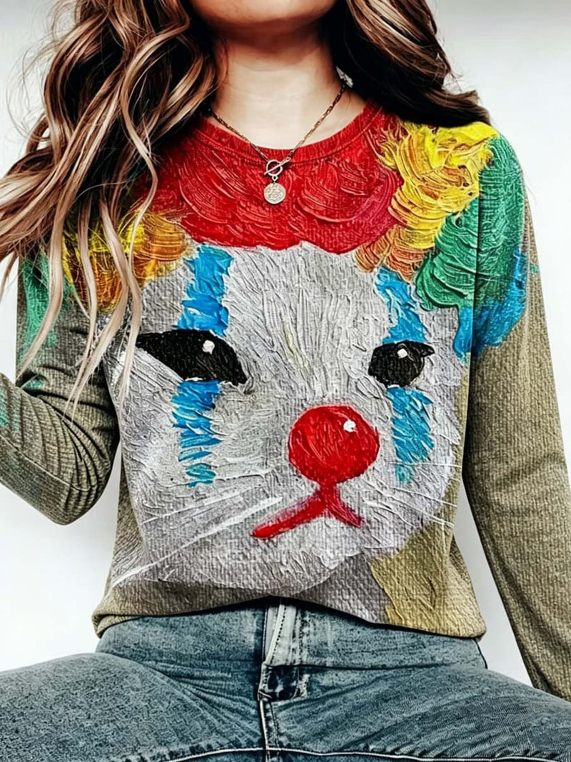 Women's Multi Clown Cat Print Round Neck Long Sleeve Blouse