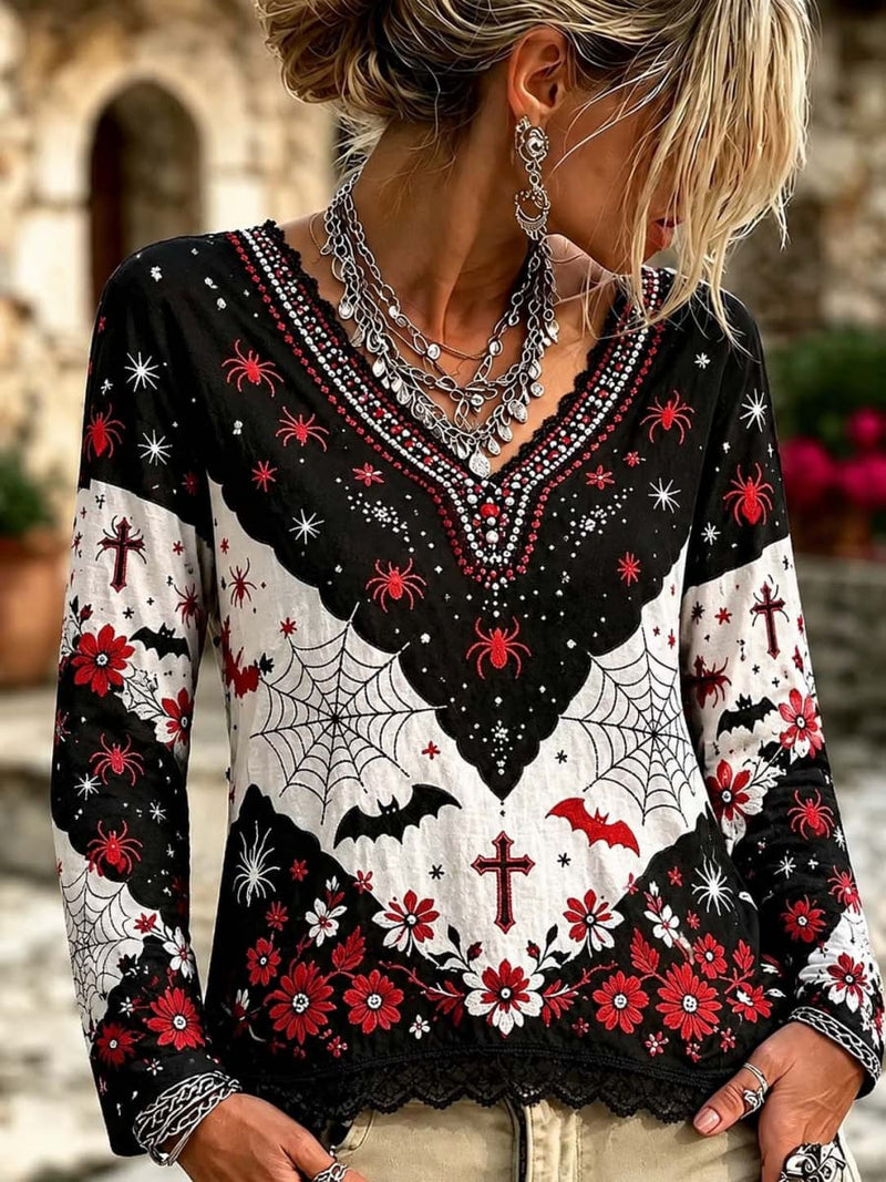 Women's Halloween Multi Spider Bat Print V Neck Long Sleeve Blouse