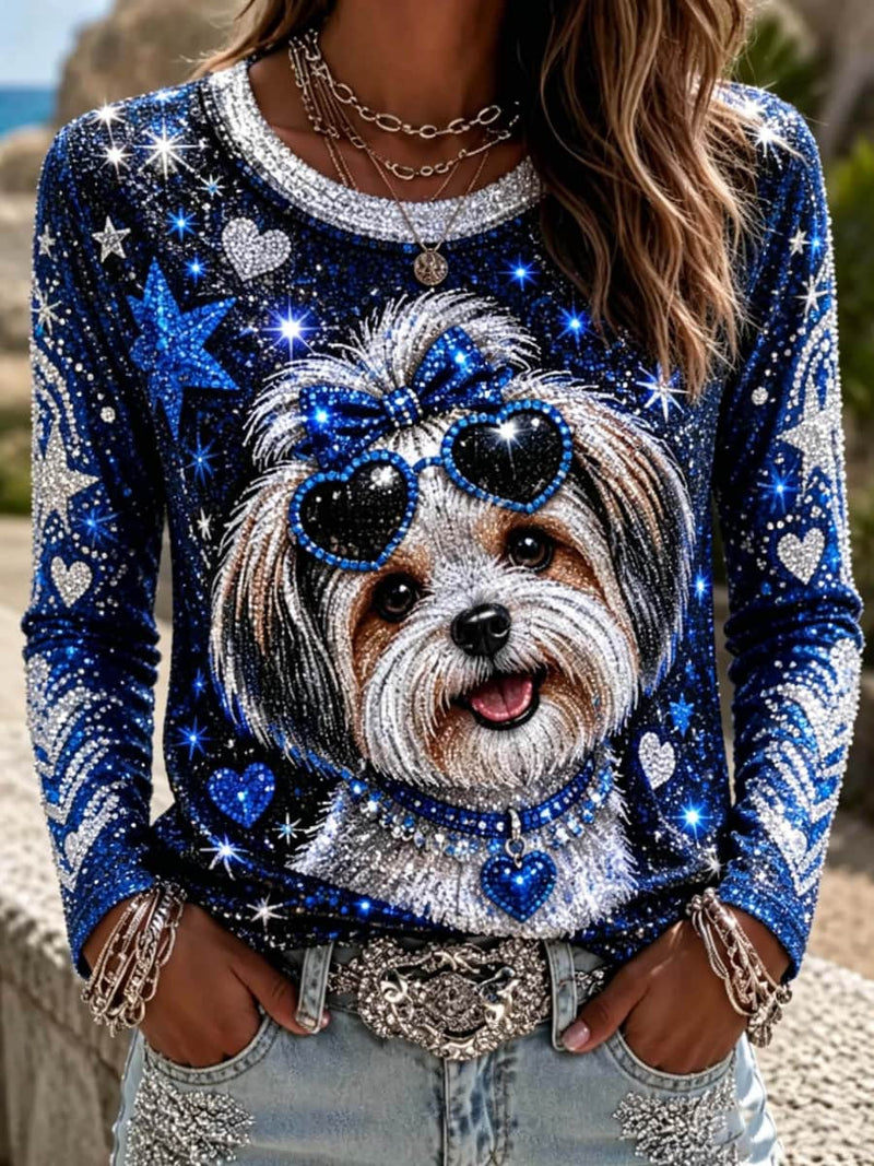 Women's Multi Animal Round Neck Long Sleeve Blouse