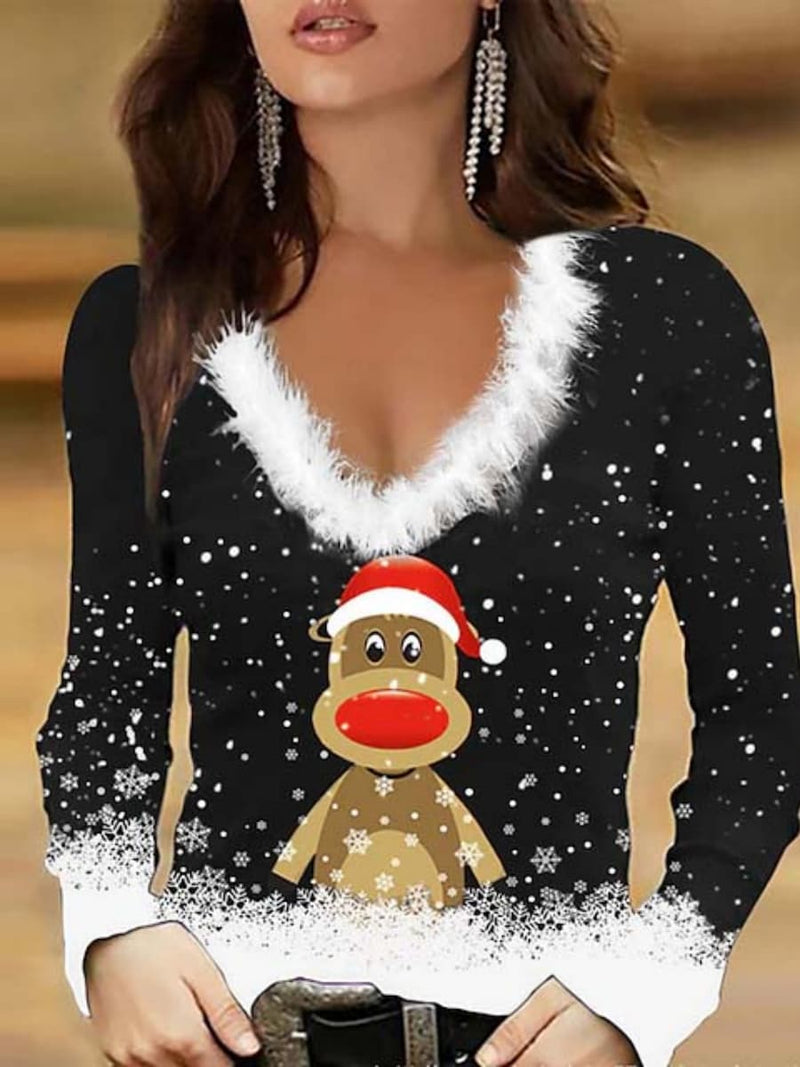 Women's Christmas Black Reindeer V Neck Long Sleeve Blouse