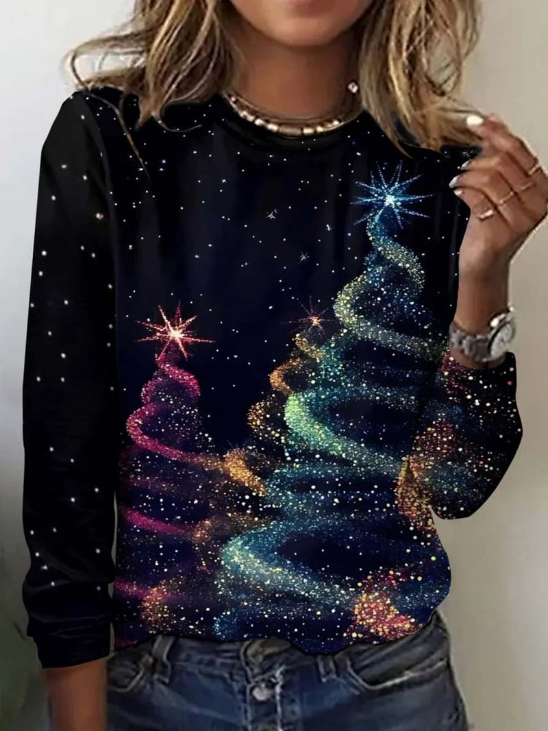 Women's Christmas Multi Galaxy Christmas Tree Round Neck Long Sleeve Blouse