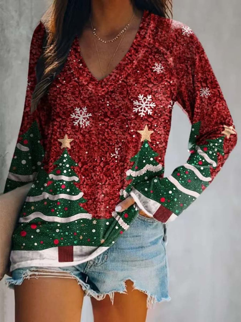 Women's Christmas Red Christmas Tree Snowflake V Neck Long Sleeve Blouse