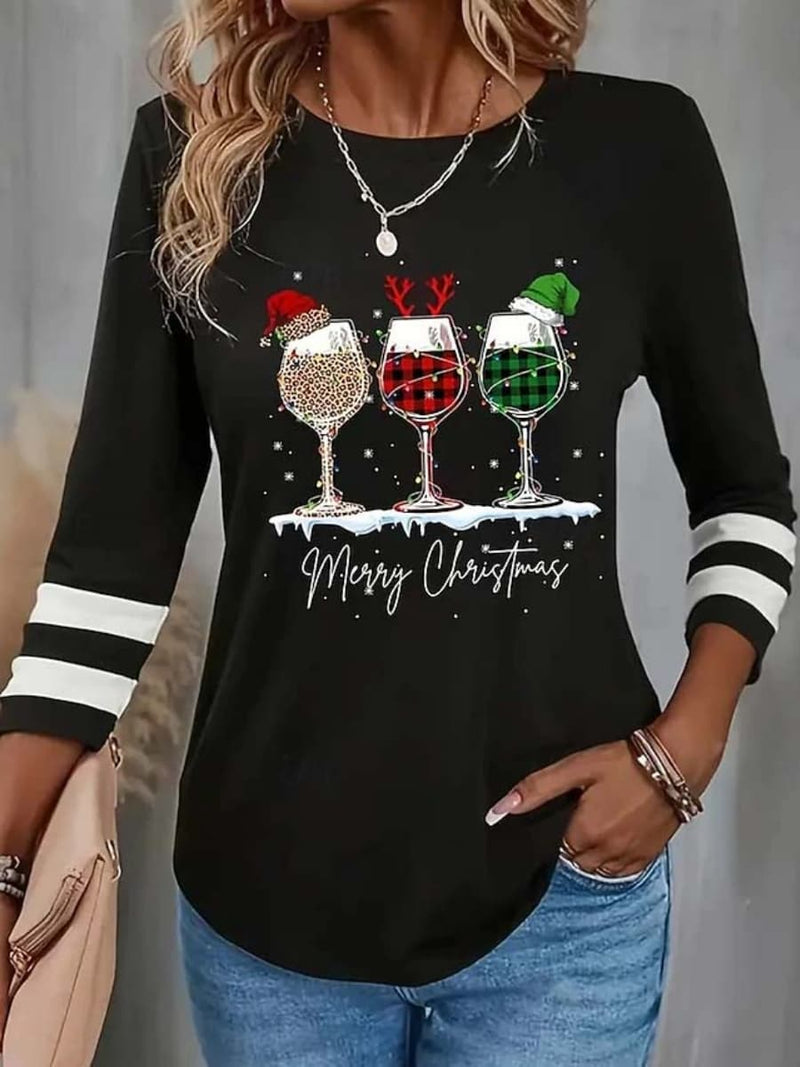 Women's Christmas Black Wine Glass Print Round Neck Long Sleeve Blouse